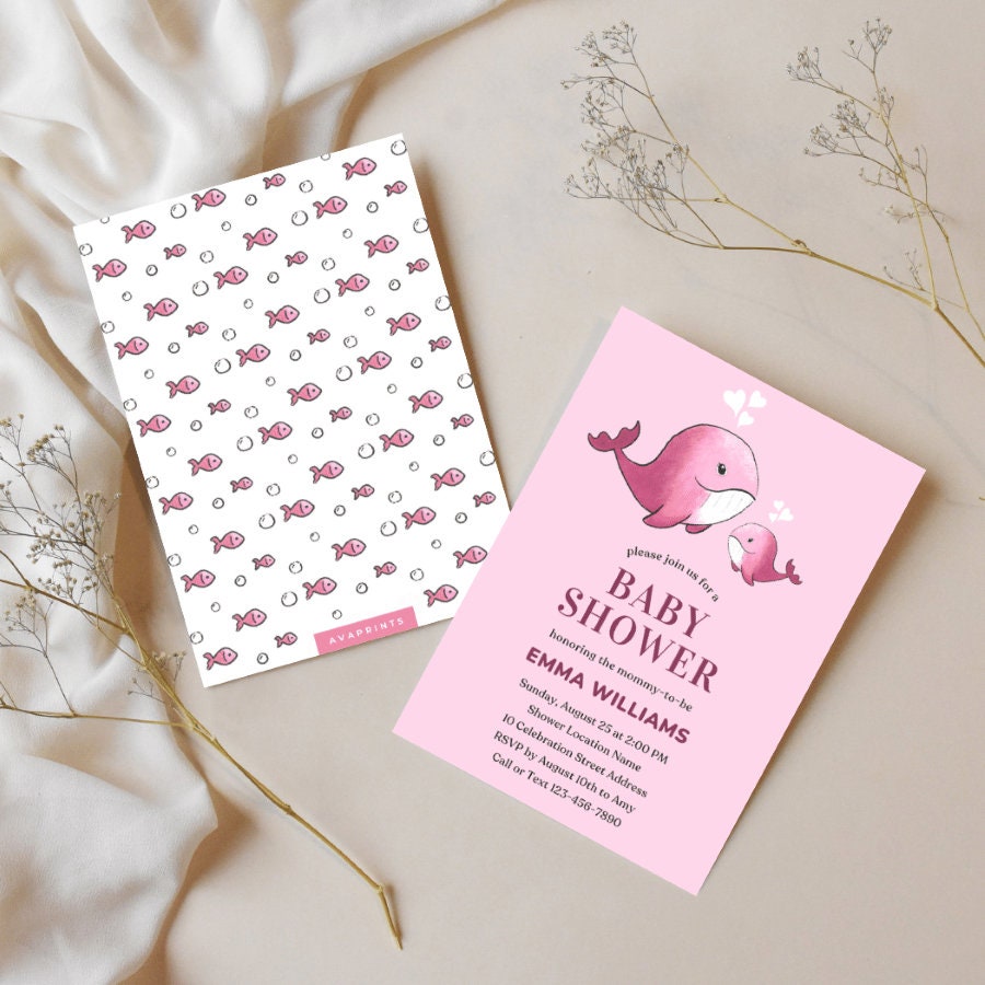 EDITABLE Watercolor Pink Whale Baby Shower Invitation Template | Girl ...