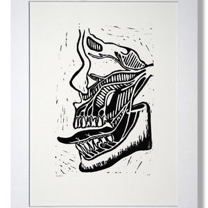 Hand Printed Medical Illustration of a Head Matted Lino Print