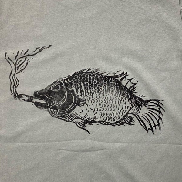 Smoking Fish Lino Print T-shirt- handmade and printed
