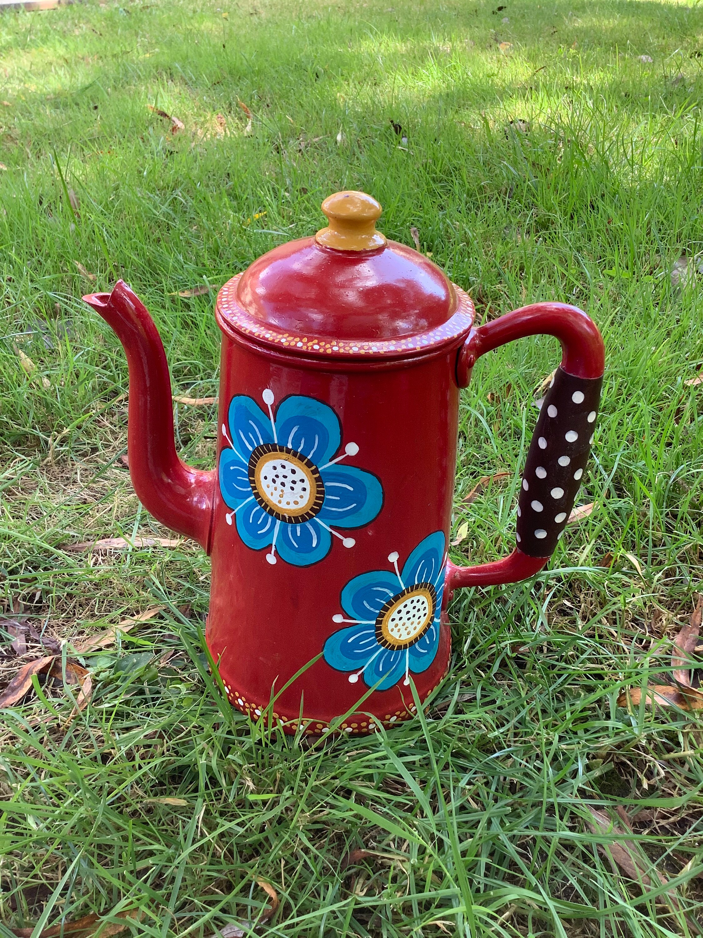 Cafetiere Rouge Fleurs Bleues