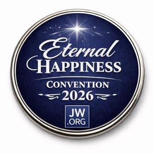 May include: A round, navy blue button with a silver border. The button features the words "Eternal HAPPINESS Convention 2026" in white script. A bright star and the text "JW.ORG" are also visible.