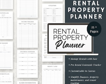 May include: A collection of printable rental property planner pages. The pages include expense trackers, income trackers, and profit/loss sheets. The planner is designed to help manage rentals with ease and simplify finances. The cover features the text "Rental Property Planner".
