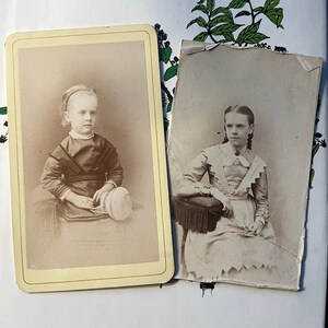 CDV carte de visite set of same girl grownup and as child intricate Victorian dress fashion braid ephemera in memoriam family