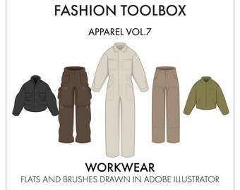 Workwear - Fashion Design Vector Cads Template - Instant Download of Illustrator Brushes, Fashion Vectors and Hardwares Designs