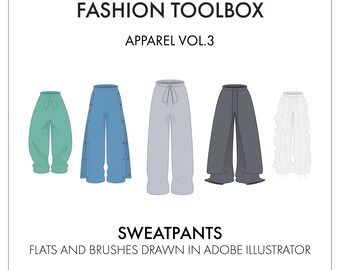 Sweatpants - Fashion Flats Template - Instant Download of Illustrator Brushes, Fashion Vectors and Hardwares Designs