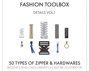 50 Zippers & Hardwares - Illustrator Brushes Template - Instant Download of Fashion Flats, Fashion Vectors and Illustrator Brushes.