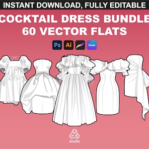 Cocktail Dress Mockup Bundle - Apparel Mockups for Tech Packs and Fashion Design in Procreate, Illustrator and Canva.