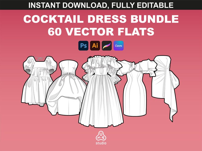 Cover image for FUPstudio's Cocktail Dress Bundle, featuring 60 vector flats of elegant dress designs for Procreate, Adobe Illustrator, and Canva.