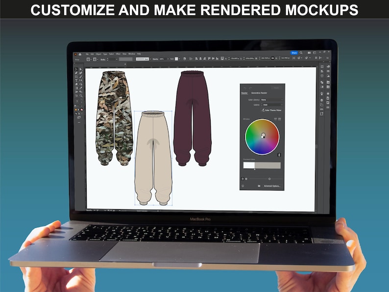 Realistic clothing mockups with camouflage and solid color options, included in FUPstudio streetwear templates bundle for Adobe Illustrator and Canva.