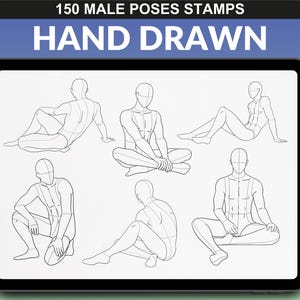 Procreate brush set with 150 male body poses shown on an iPad. Various seated male mannequin poses, ideal for fashion drawing and illustration.