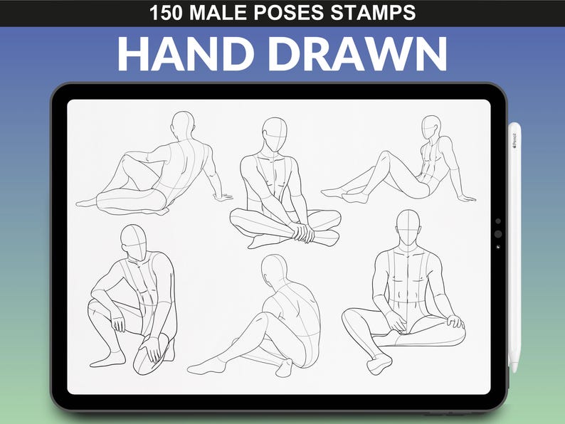 Procreate brush set with 150 male body poses shown on an iPad. Various seated male mannequin poses, ideal for fashion drawing and illustration.