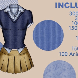 Overview of included Procreate fashion textures, with fabric, knit, denim, grunge, fur, lace, glitter, silk and animal skin brushes for digital illustration.