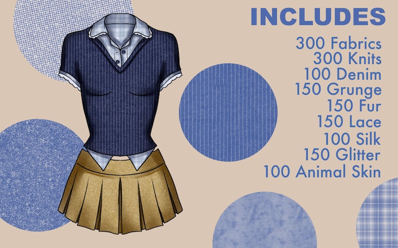 Overview of included Procreate fashion textures, with fabric, knit, denim, grunge, fur, lace, glitter, silk and animal skin brushes for digital illustration.
