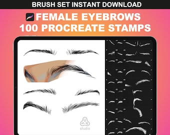 May include: A digital illustration of 100 female eyebrow stamps for Procreate. The image shows a variety of eyebrow shapes and styles, including arched, straight, and angled eyebrows. The stamps are designed to be used in digital art and illustration.