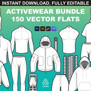 Activewear Mockups Bundle & Tech Pack Templates for Streetwear and Sportswear design | 150 Vector flats for Adobe Illustrator and Procreate