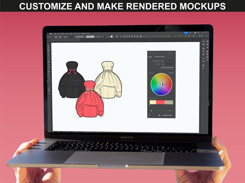Image showing the customization process of dress mockups in Adobe Illustrator, part of the Cocktail Dress Bundle by FUPstudio.