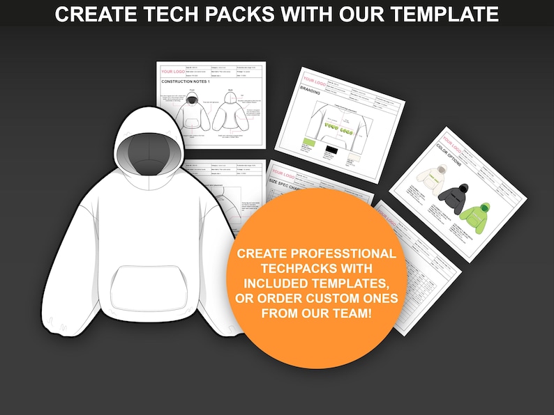 Create professional fashion tech packs using FUPstudio hoodie mockups and included techpack template, perfect for streetwear mockups and production files