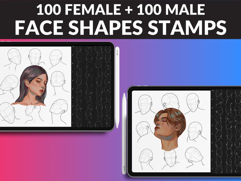 Create detailed portraits with 100 female and 100 male face shape Procreate brushes from FUPstudio. Ideal for character design, sketching, and digital portraiture with precision and ease.