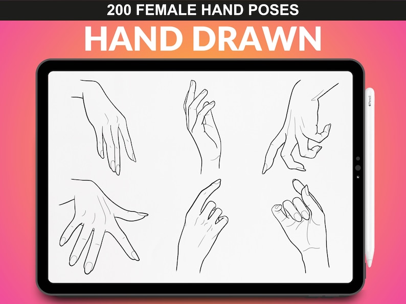 Detail view of female hand poses from the FUPstudio set. 200 unique illustrations to enhance your digital art with Procreate.