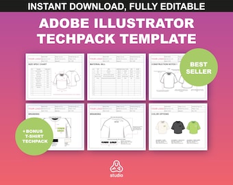 T-Shirt Tech Pack Template, fully editable in Adobe Illustrator. Instant Download .ai & PDF files.