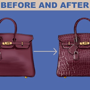 Before and after handbag illustration using Procreate texture brushes to create a realistic crocodile leather effect for digital fashion accessories.