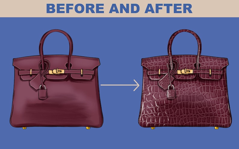 Before and after handbag illustration using Procreate texture brushes to create a realistic crocodile leather effect for digital fashion accessories.