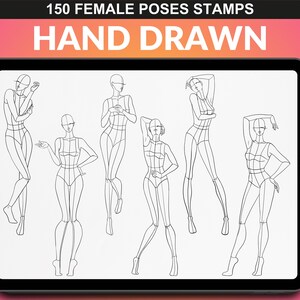 150 Female Poses Brush Set for Procreate, showcasing various body poses. A comprehensive set for artists to create detailed and dynamic female figures in their Procreate projects.