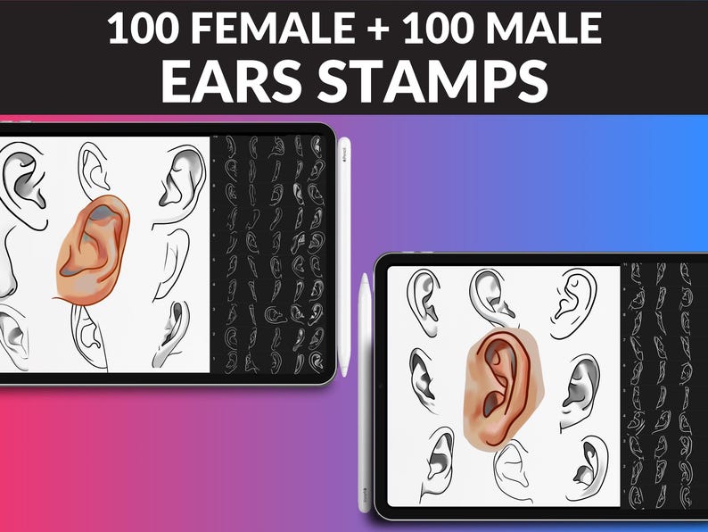 Enhance your digital portraits with FUPstudio’s 100 female and 100 male ears Procreate brushes. Perfect for character design, anatomy studies, and creating lifelike details in illustrations.