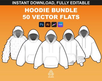 Hoodie Mockups Bundle - 50 Editable Vector Flats for Tech Packs | Streetwear Mockups for Fashion Design in Procreate & Adobe Illustrator