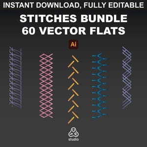 Sewing Stitches Brush & Vector Bundle for Fashion Designers – 60+ Illustrator Brushes of Stitches to create Fashion Tech Packs.