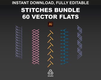 Sewing Stitches Brush & Vector Bundle for Fashion Designers – 60+ Illustrator Brushes of Stitches to create Fashion Tech Packs.