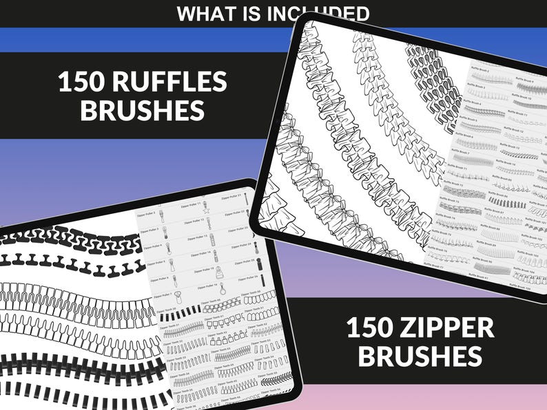 150 Ruffle Brushes and 150 Zipper Brushes for realistic garment accents in fashion sketches by FUPstudio