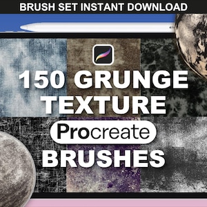 Può includere: Pennelli per arte digitale per Procreate. L'immagine mostra un tablet con il testo "150 Grunge Texture Procreate Brushes". Lo sfondo presenta varie texture grunge in denim, marrone e nero.
