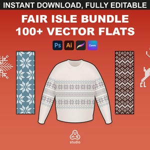 Puede incluir: Un paquete de más de 100 patrones vectoriales de punto de Fair Isle en un suéter blanco, un patrón a rayas azul y blanco, un patrón a rayas marrón y blanco y un reno blanco. El texto "INSTANT DOWNLOAD, FULLY EDITABLE FAIR ISLE BUNDLE 100+ VECTOR FLATS" está en la parte superior de la imagen. El texto "Ps Ai Canva" está debajo del texto. El texto "studio" está en la parte inferior de la imagen.