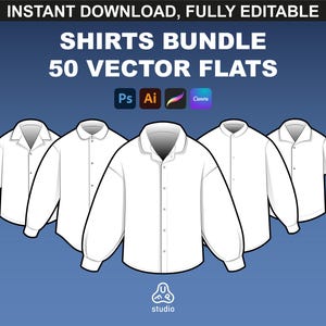 50 shirt mockups bundle for fashion design and tech pack creation by FUPstudio. Compatible with Procreate, Canva, and Adobe Illustrator.