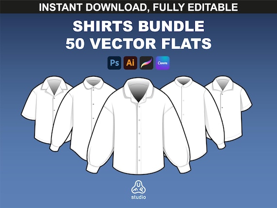 Shirt Mockups Bundle - Streetwear Mockups for Fashion Design, Vector Flats for Tech Pack Templates in Procreate & Canva