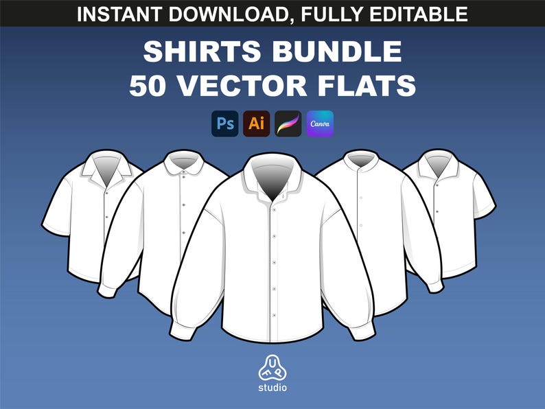 50 shirt mockups bundle for fashion design and tech pack creation by FUPstudio. Compatible with Procreate, Canva, and Adobe Illustrator.