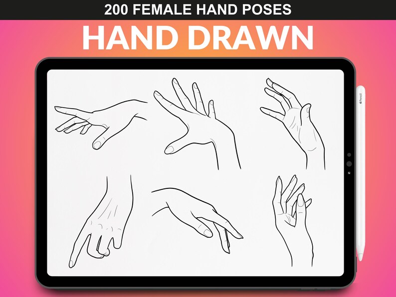 Hand-drawn female hand poses Procreate stamp set by FUPstudio. Includes 200 high-quality illustrations.