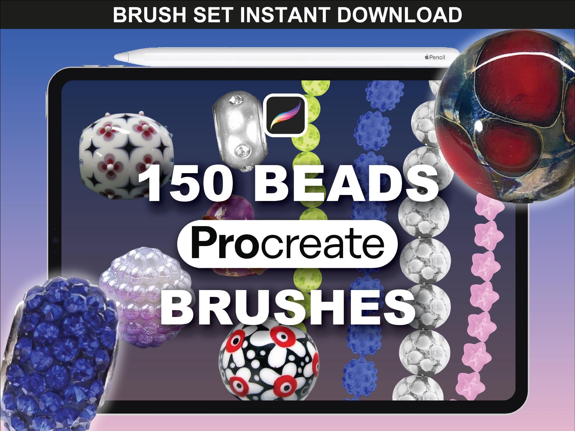 150 carimbos de joias para Procreate e pincéis de contas – Conjunto de gemas, diamantes e pérolas para Procreate