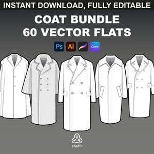 May include: A set of 60 vector flat illustrations of coats in various styles. The illustrations are in black and white and are suitable for use in Photoshop, Illustrator, and Canva.
