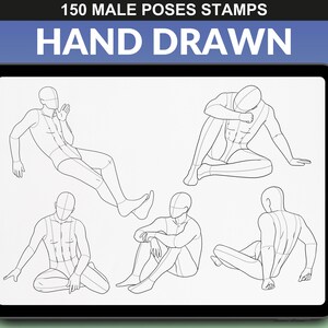 Procreate brush set with 150 male poses displayed on an iPad. Mannequin figures in various seated positions, ideal for fashion illustration and drawing.