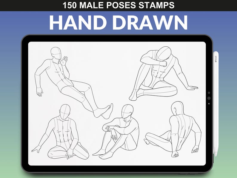 Procreate brush set with 150 male poses displayed on an iPad. Mannequin figures in various seated positions, ideal for fashion illustration and drawing.