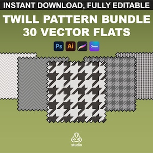 Puede incluir: Un conjunto de 30 patrones de sarga vectoriales en negro, blanco y gris. Los patrones están dispuestos en una cuadrícula y están listos para descargarse y editarse. El texto "INSTANT DOWNLOAD, FULLY EDITABLE" y "TWILL PATTERN BUNDLE 30 VECTOR FLATS" está en la parte superior de la imagen. El texto "Ps Ai Canva" está en el medio de la imagen.