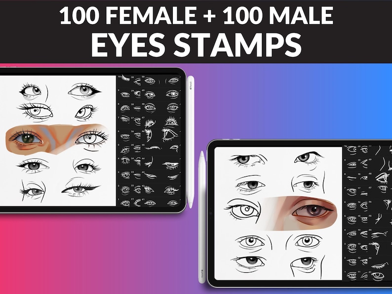 200 Eye Brushes by FUPstudio for Procreate: male and female eye stamps for portraits, manga, and digital art. Perfect for Procreate sketches and iPad artists. Instant download!