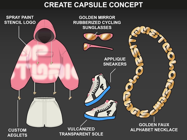 FUPstudio streetwear mockups showing tops, pants, and footwear templates for clothing design and tech pack creation.
