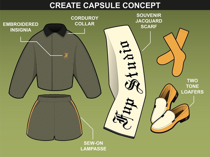 Capsule concept featuring houndstooth and plaid twill designs in a jacket and scarf by FUPstudio.