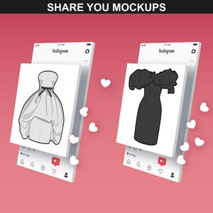 Visualization of dress mockups being shared on Instagram, promoting creative use of FUPstudio's Cocktail Dress Bundle.