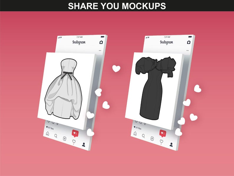 Visualization of dress mockups being shared on Instagram, promoting creative use of FUPstudio's Cocktail Dress Bundle.