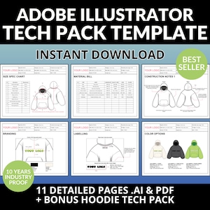 ファッション テック パック テンプレート DIY テック パック Ai。PDF パーカー テック パック キット Adobe Illustrator