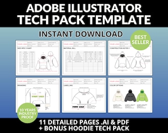 Modèle de pack technique de mode DIY Tech Pack Ai. Kit technique PDF sweat à capuche Adobe Illustrator